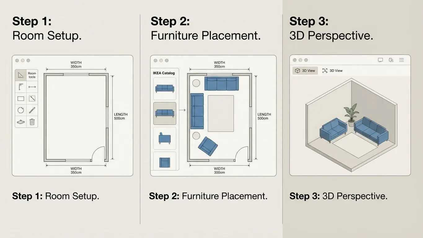 Ablauf des IKEA 3D Raumplaner von Raummaßen bis zum Möbellayout