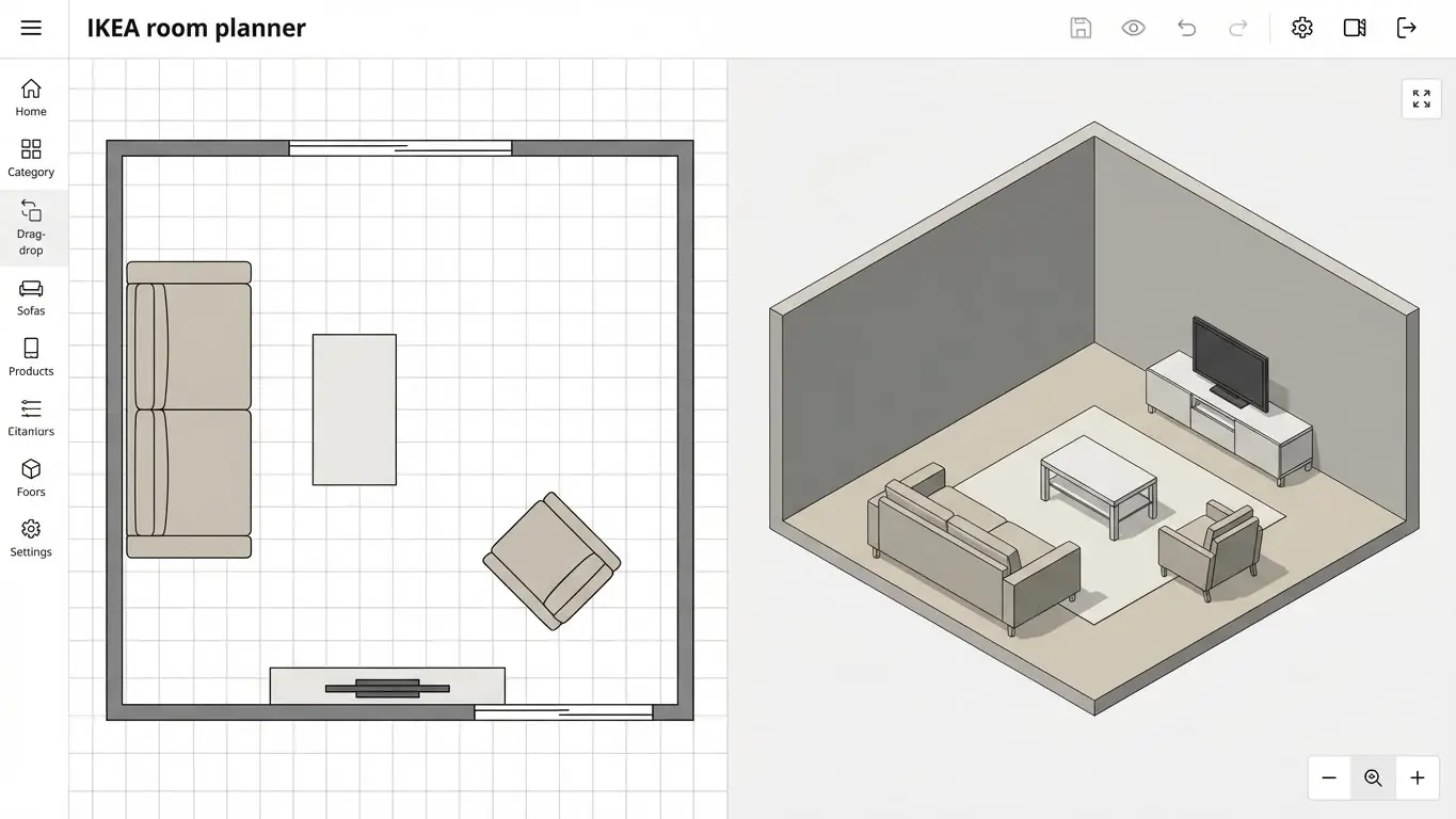 IKEA Raumplaner Oberfläche mit einfachem Raumlayout und Möbelanordnung