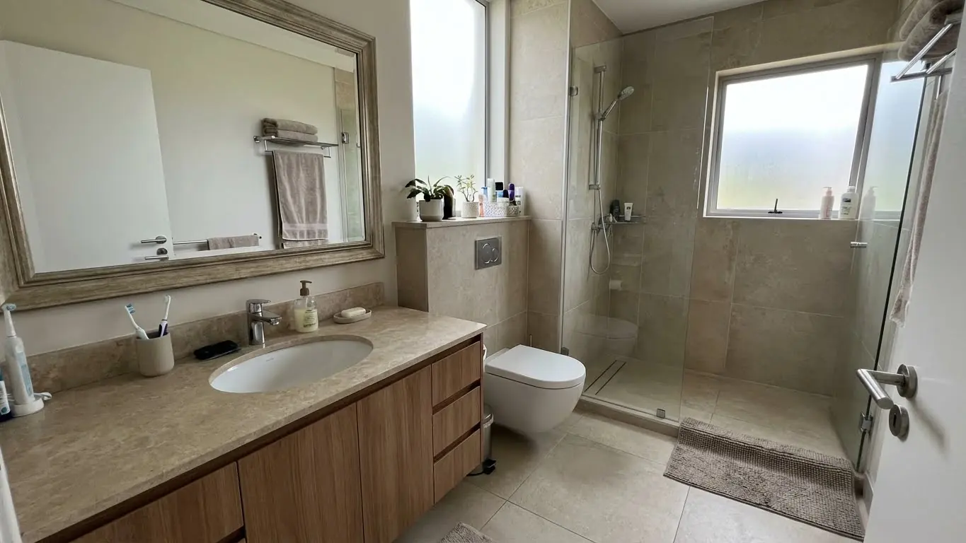 Modernes Badezimmer mit Holzwaschtisch, WC und Glasdusche