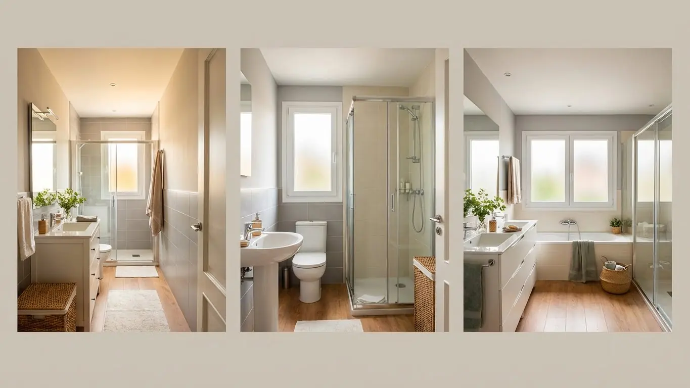 Drei Badezimmer-Layouts mit unterschiedlichen Duschen und Badewannen