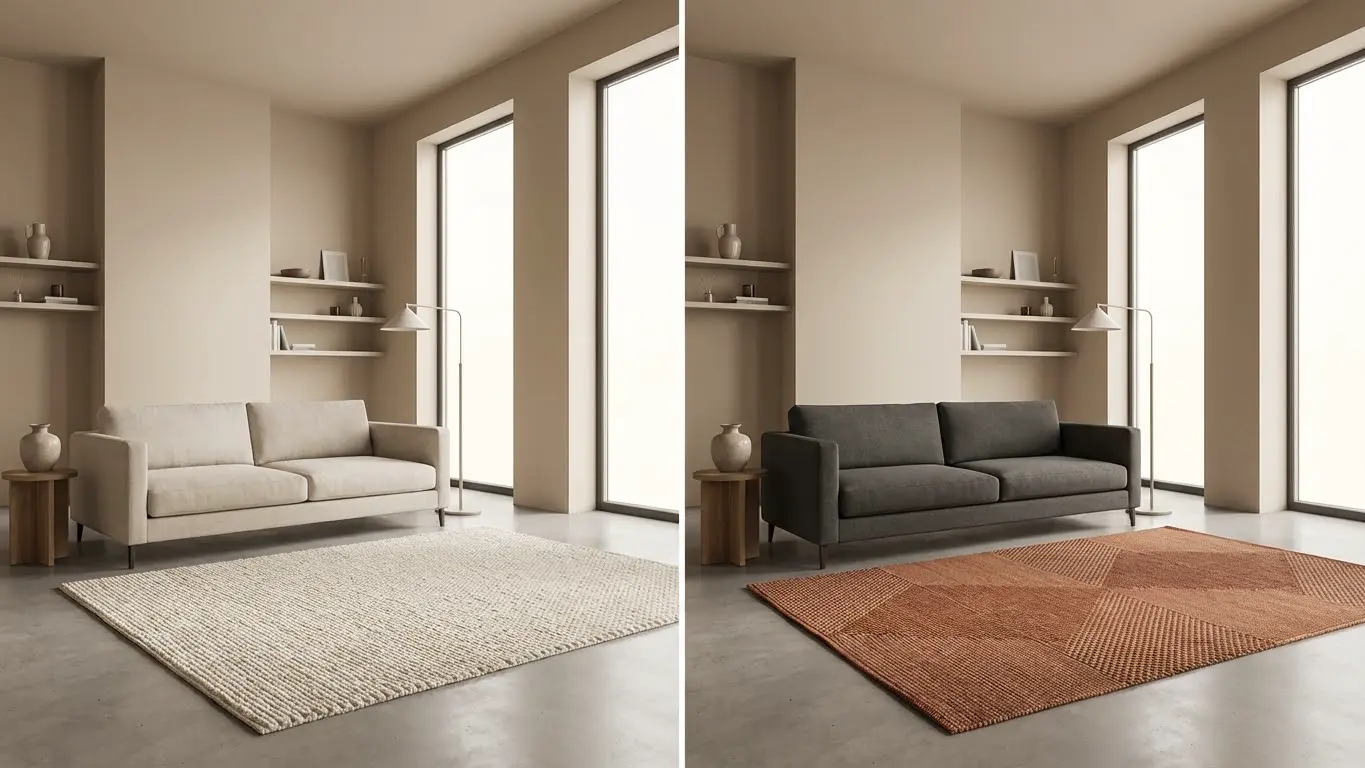 Wohnzimmer mit heller und dunkler Sofagestaltung im Vergleich